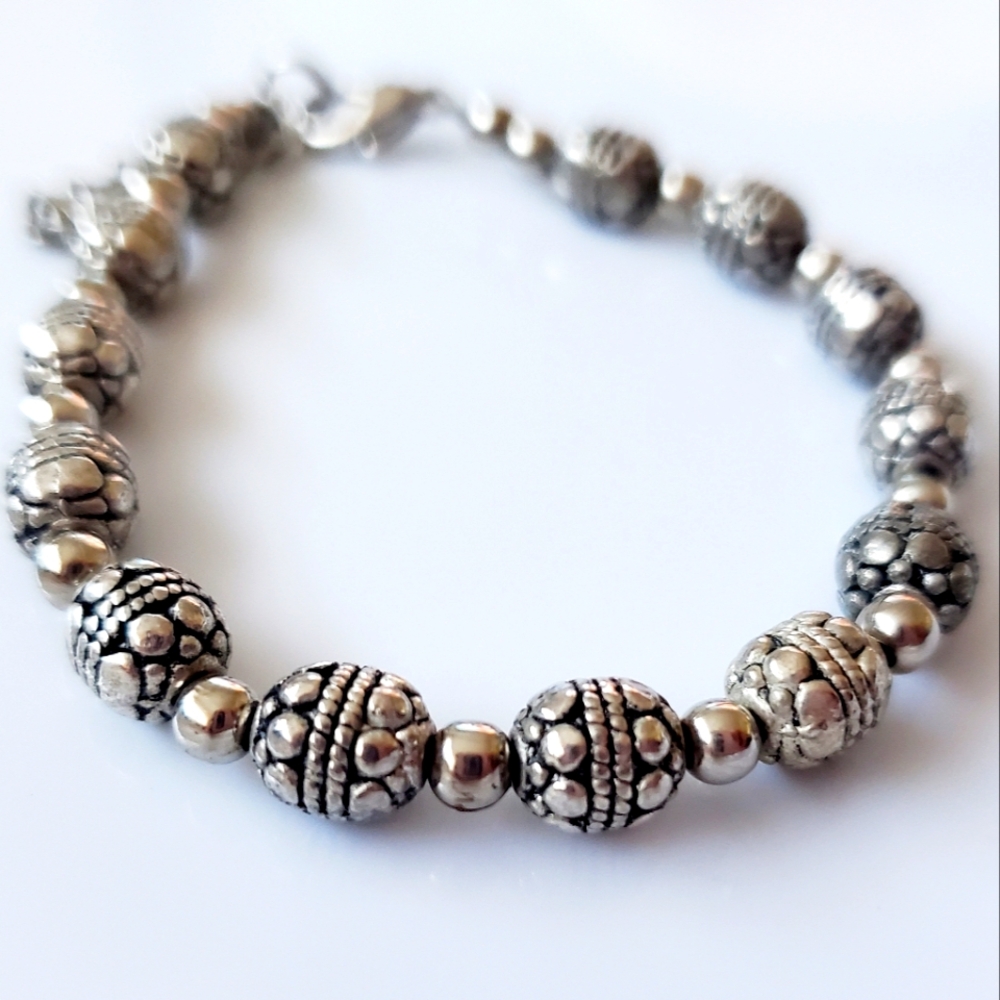 Ornate Rustic Silver Beaded Bracelet Art Nouveau Style Boho Chic Baroque